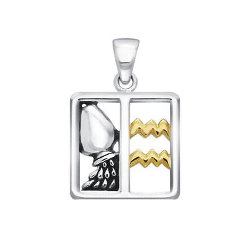 Aquarius Zodiac Symbol Silver and 14K Gold Accent Pendant MPD912 - Jewelry